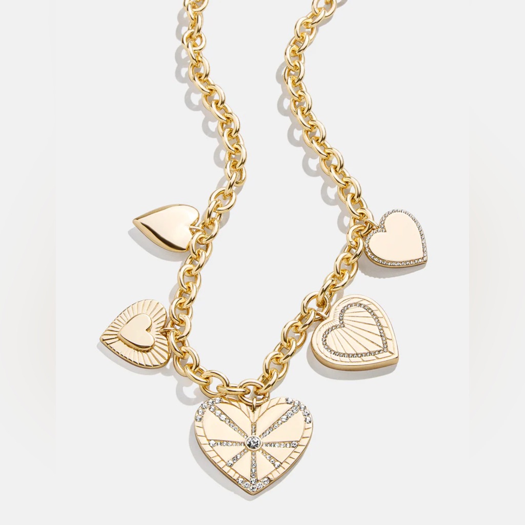 Spectacular Gold Plated Heart Charms Necklace With Swarovski Crystals Statement!